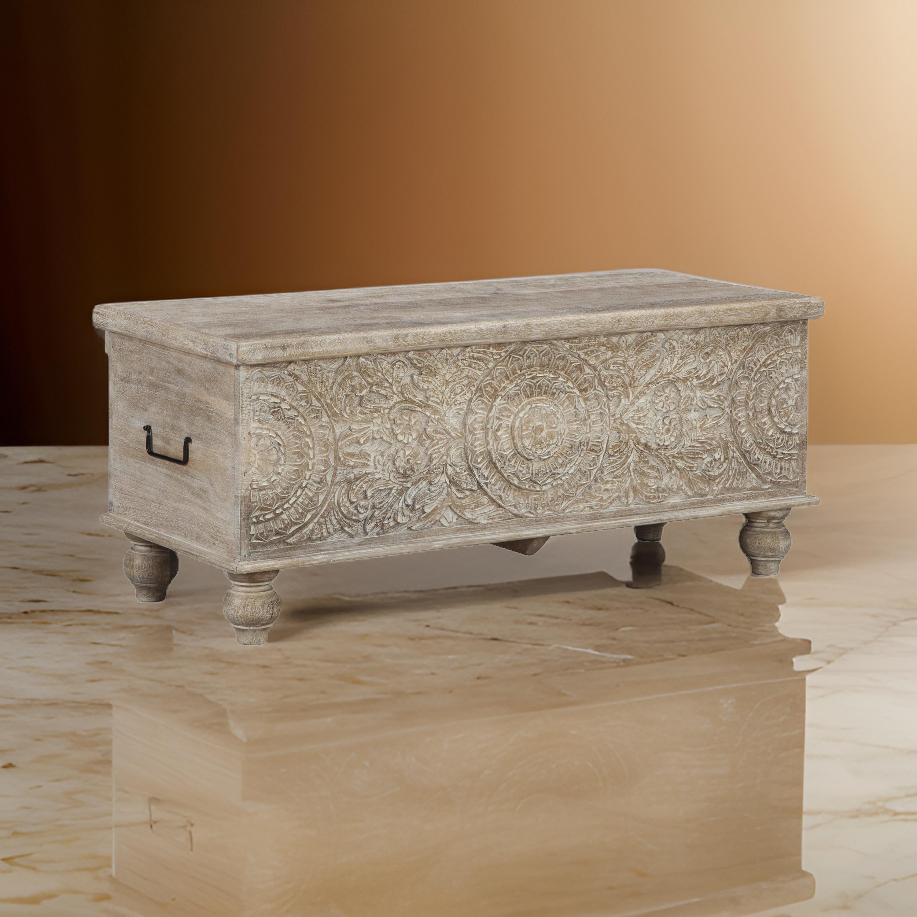 Benjara Medallion Pattern Wooden Storage Bench, Hinged Opening, Antique White, Black