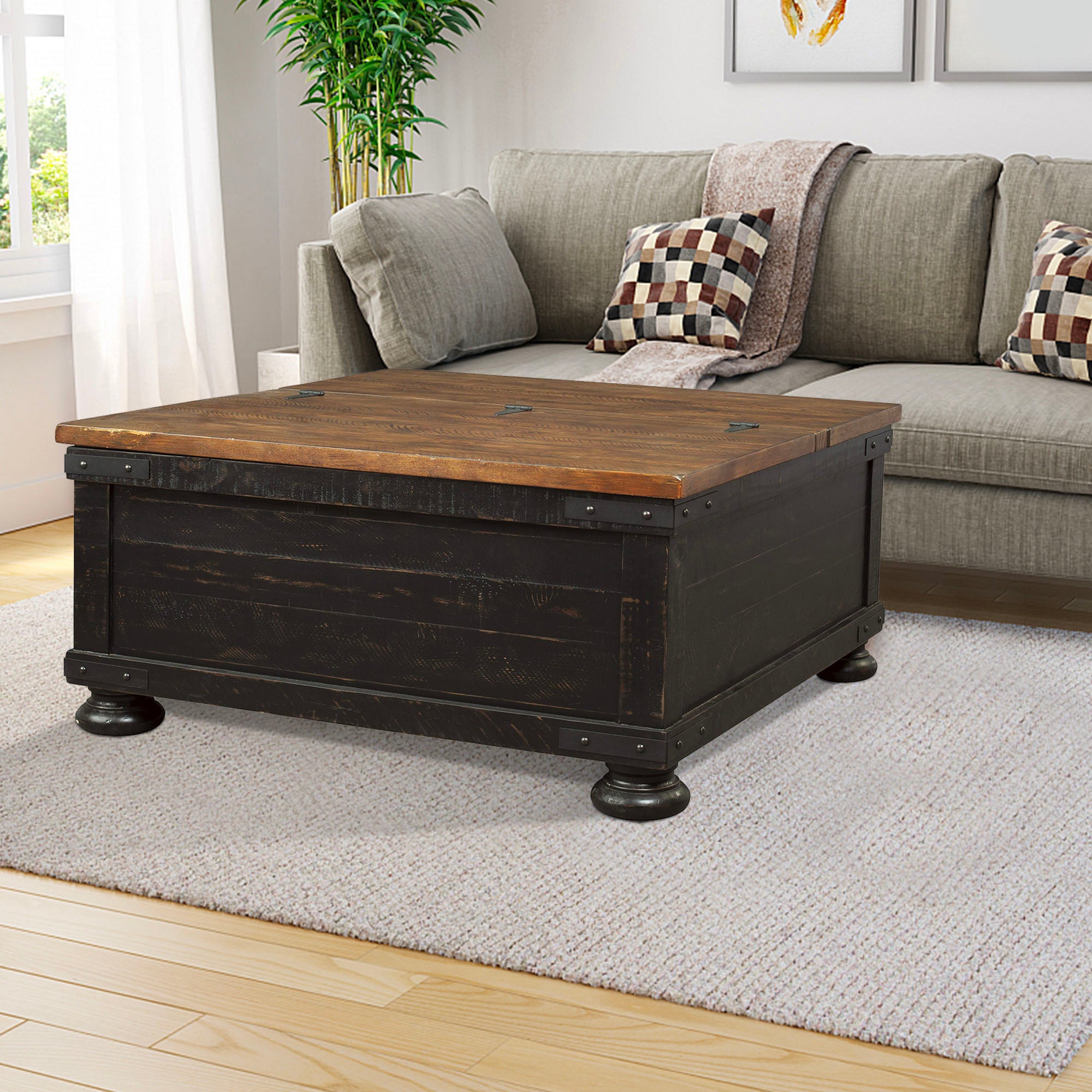 Benjara Square Wooden Lift Top Cocktail Table with Trunk Storage, Brown And Black