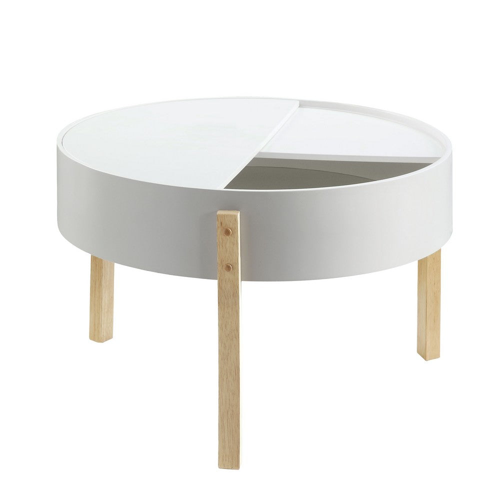 Benjara Round Wooden Coffee Table with Hidden Storage, White And Brown