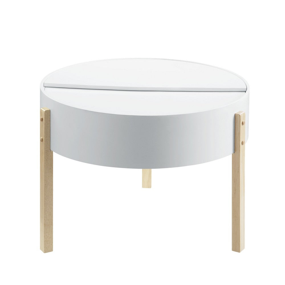 Benjara Round Wooden Coffee Table with Hidden Storage, White And Brown