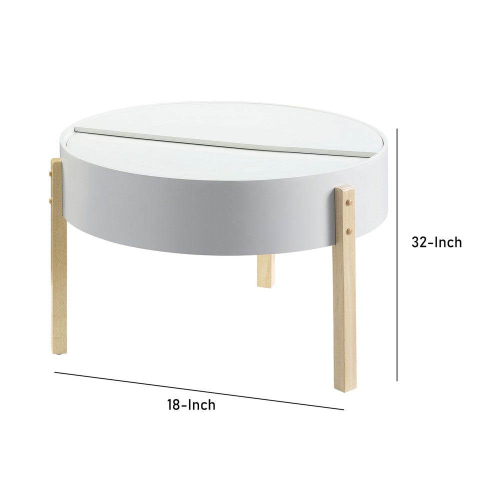 Benjara Round Wooden Coffee Table with Hidden Storage, White And Brown