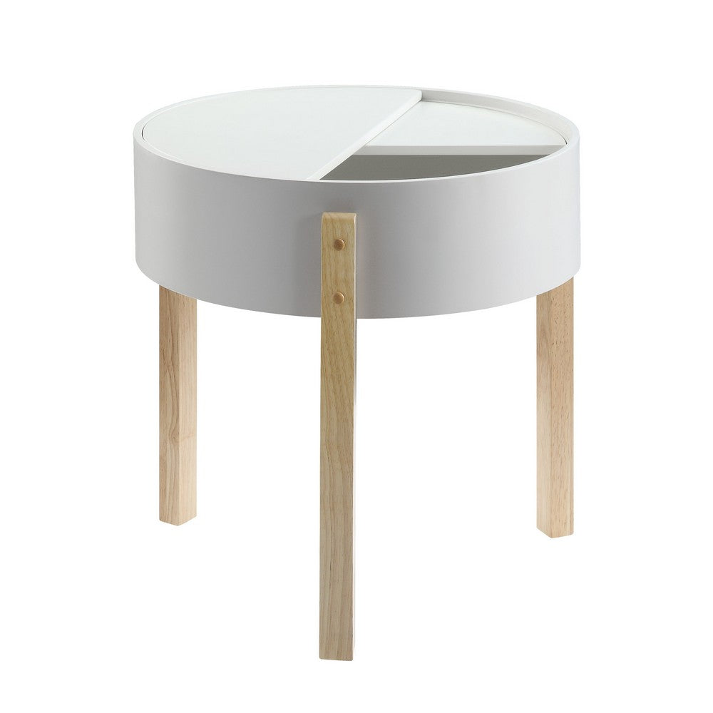 Benjara Round Wooden End Table with Hidden Storage, White And Brown