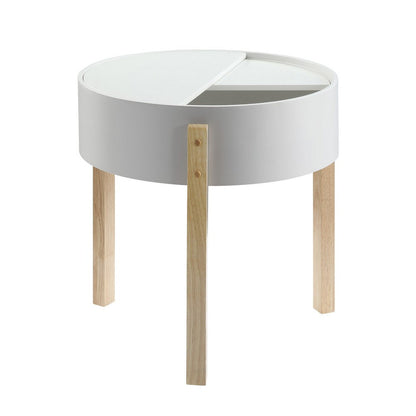 Benjara Round Wooden End Table with Hidden Storage, White And Brown