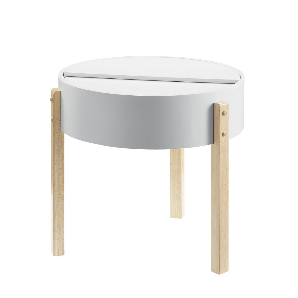 Benjara Round Wooden End Table with Hidden Storage, White And Brown