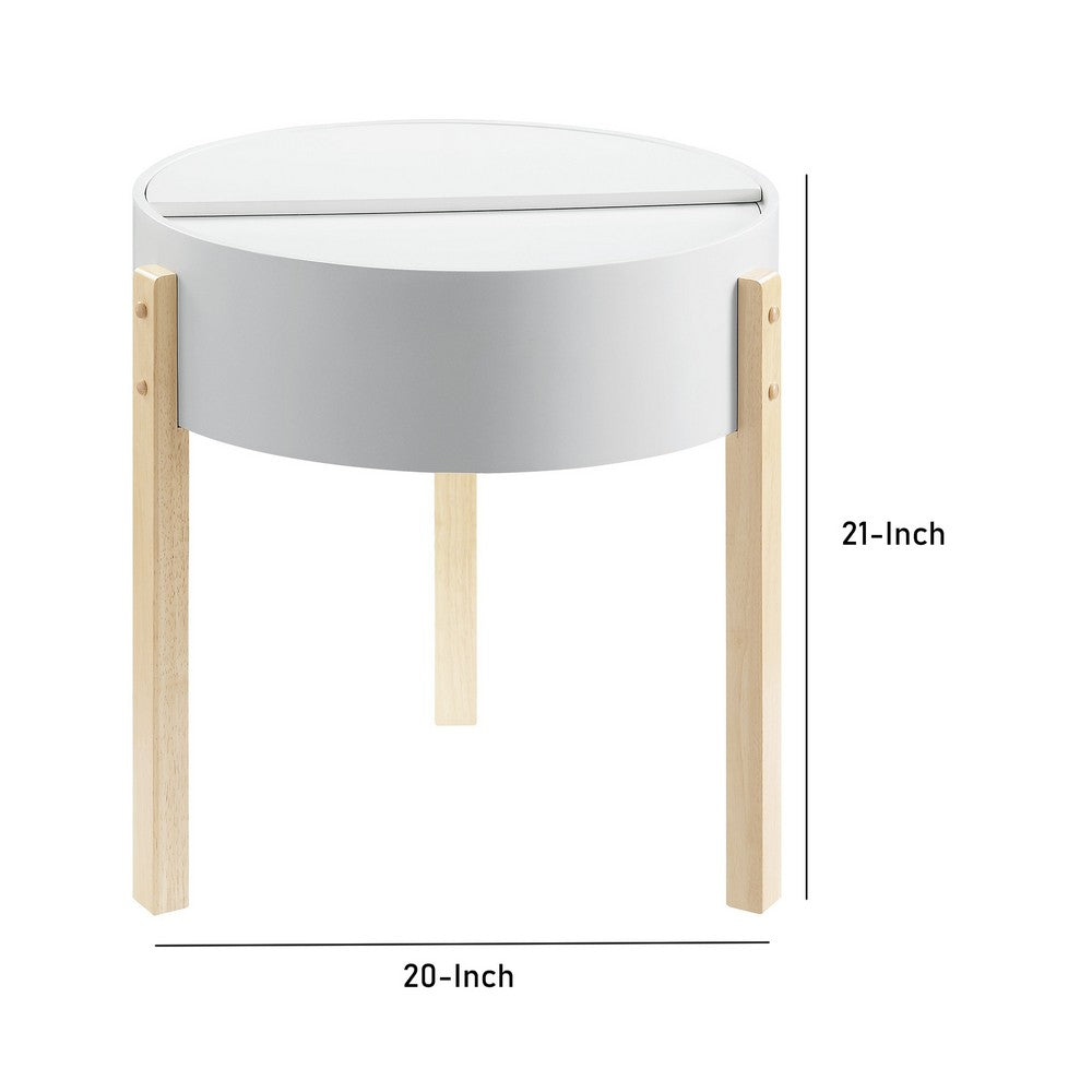 Benjara Round Wooden End Table with Hidden Storage, White And Brown