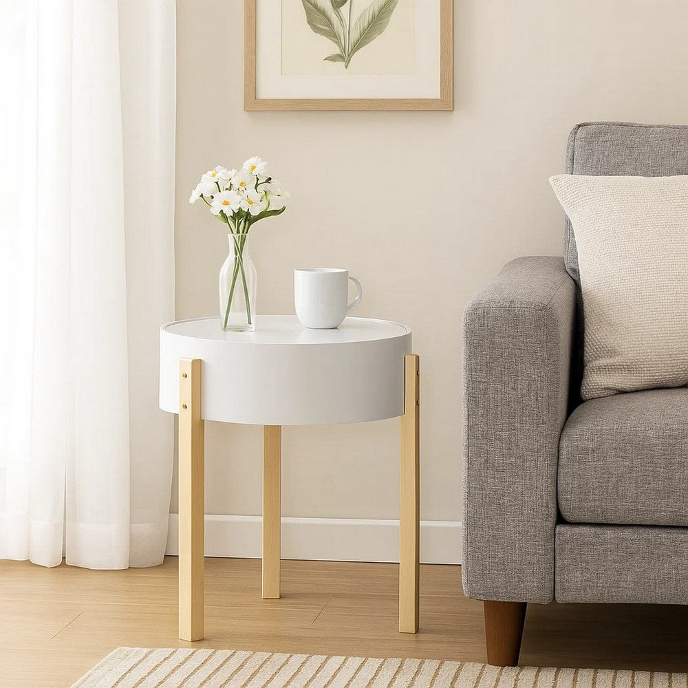Benjara Round Wooden End Table with Hidden Storage, White And Brown