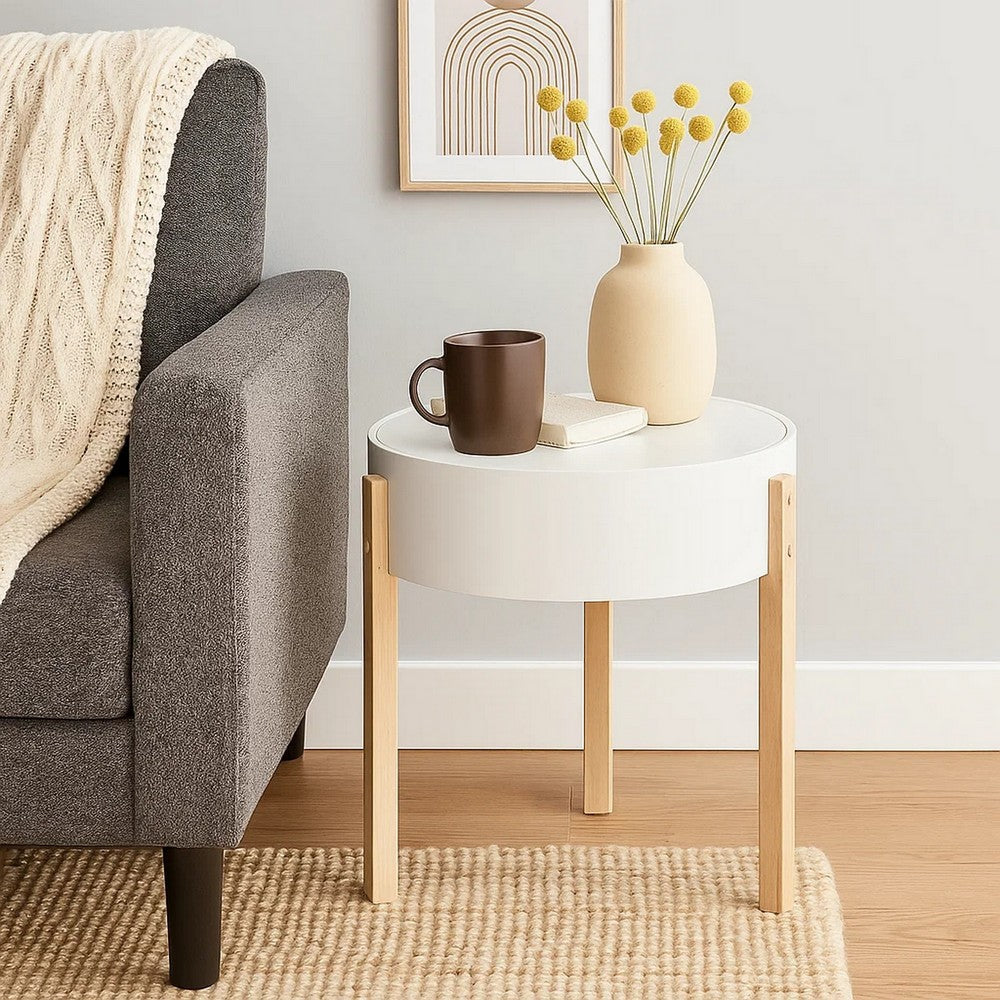 Benjara Round Wooden End Table with Hidden Storage, White And Brown