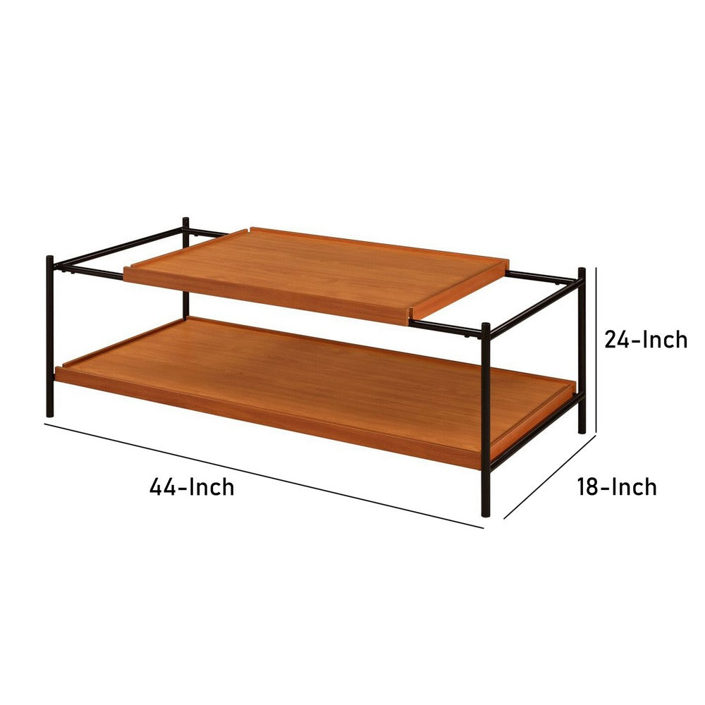Benjara Rectangular Wooden Top Metal Frame Coffee Table, Oak Brown And Black