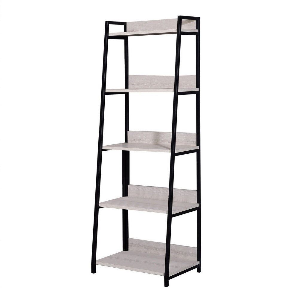 Benjara Wooden Bookshelf with 5 Open Compartments, Washed White And Black