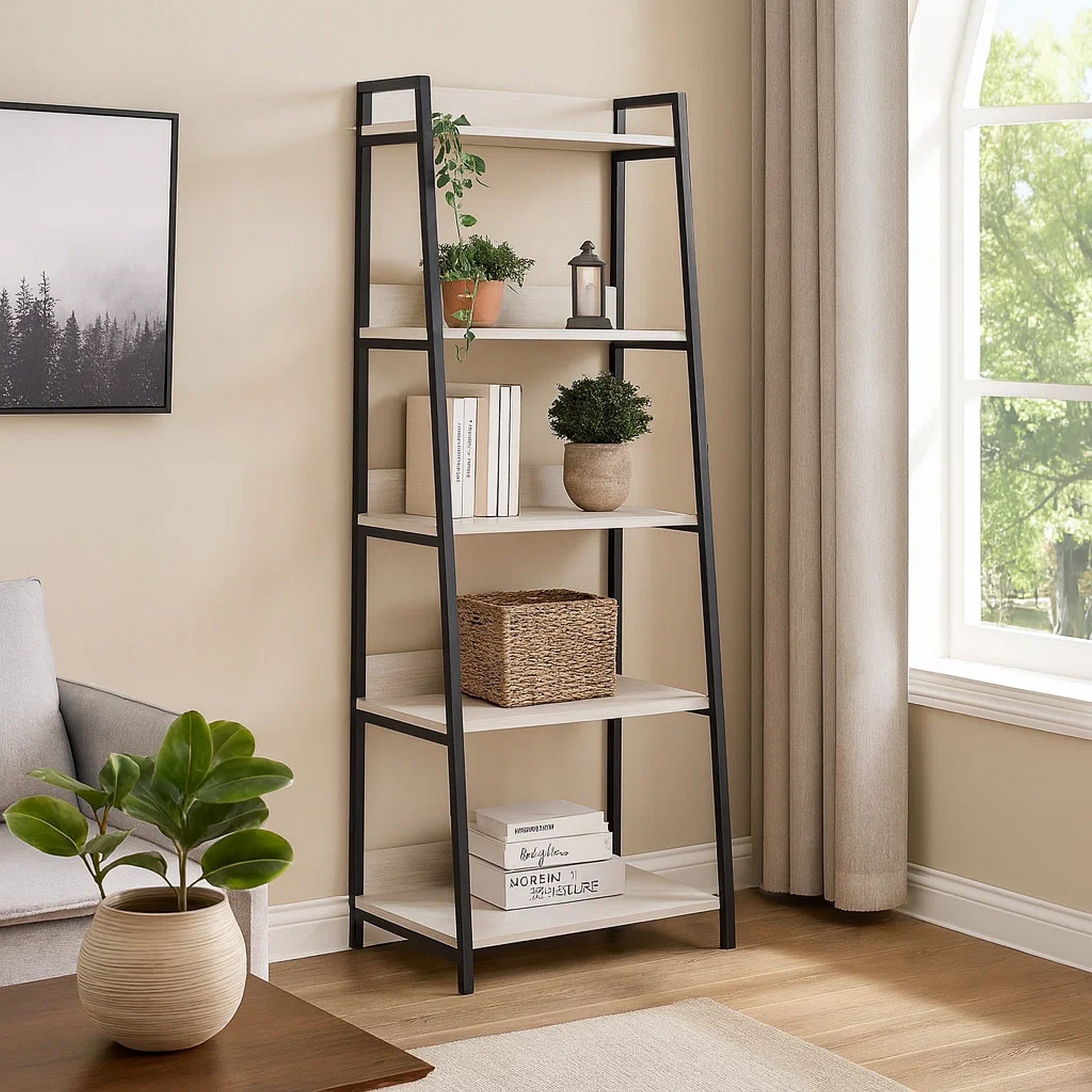 Benjara Wooden Bookshelf with 5 Open Compartments, Washed White And Black
