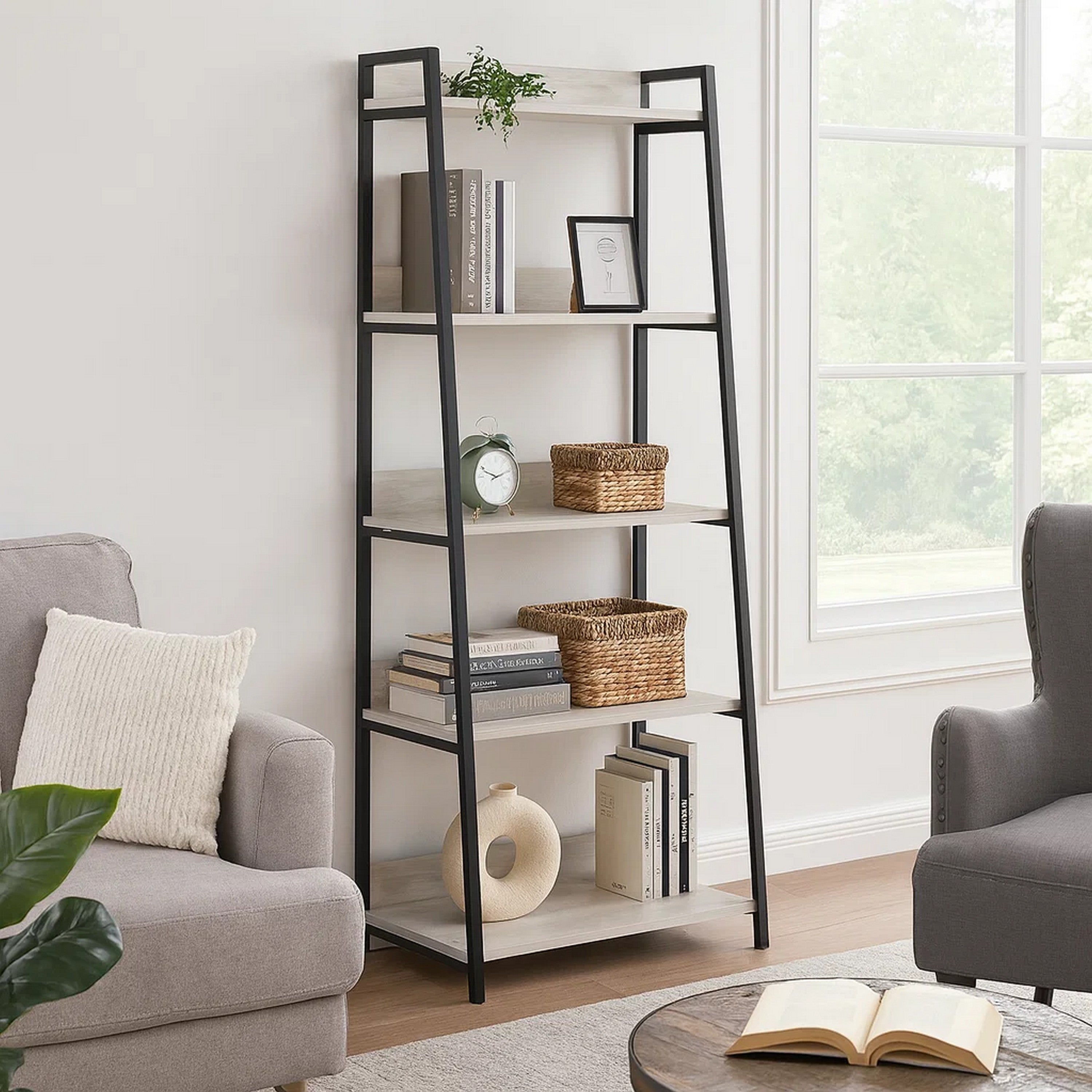Benjara Wooden Frame Bookshelf with 5 Open Compartments, Washed White And Black