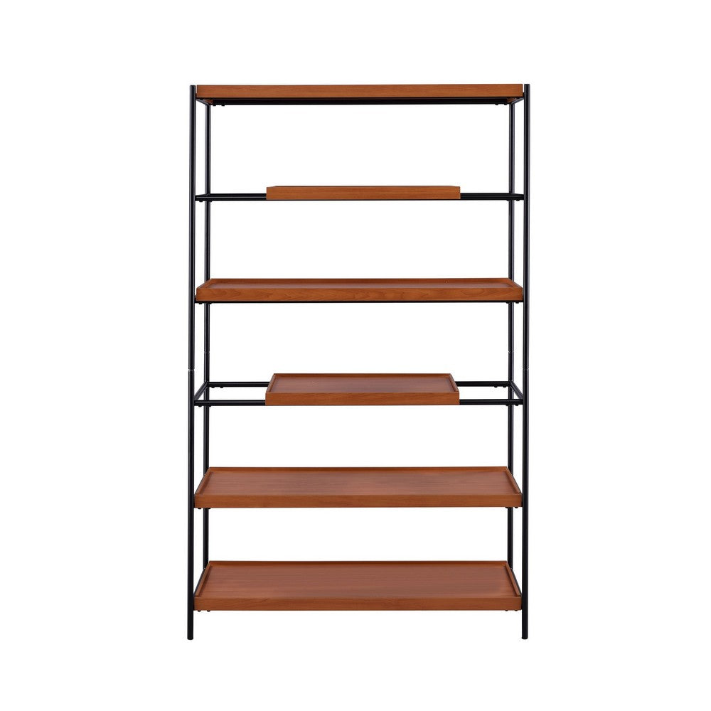 Benjara 5 Tier Wooden Bookshelf with Open Metal Frame, Oak Brown And Black