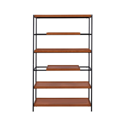 Benjara 5 Tier Wooden Bookshelf with Open Metal Frame, Oak Brown And Black