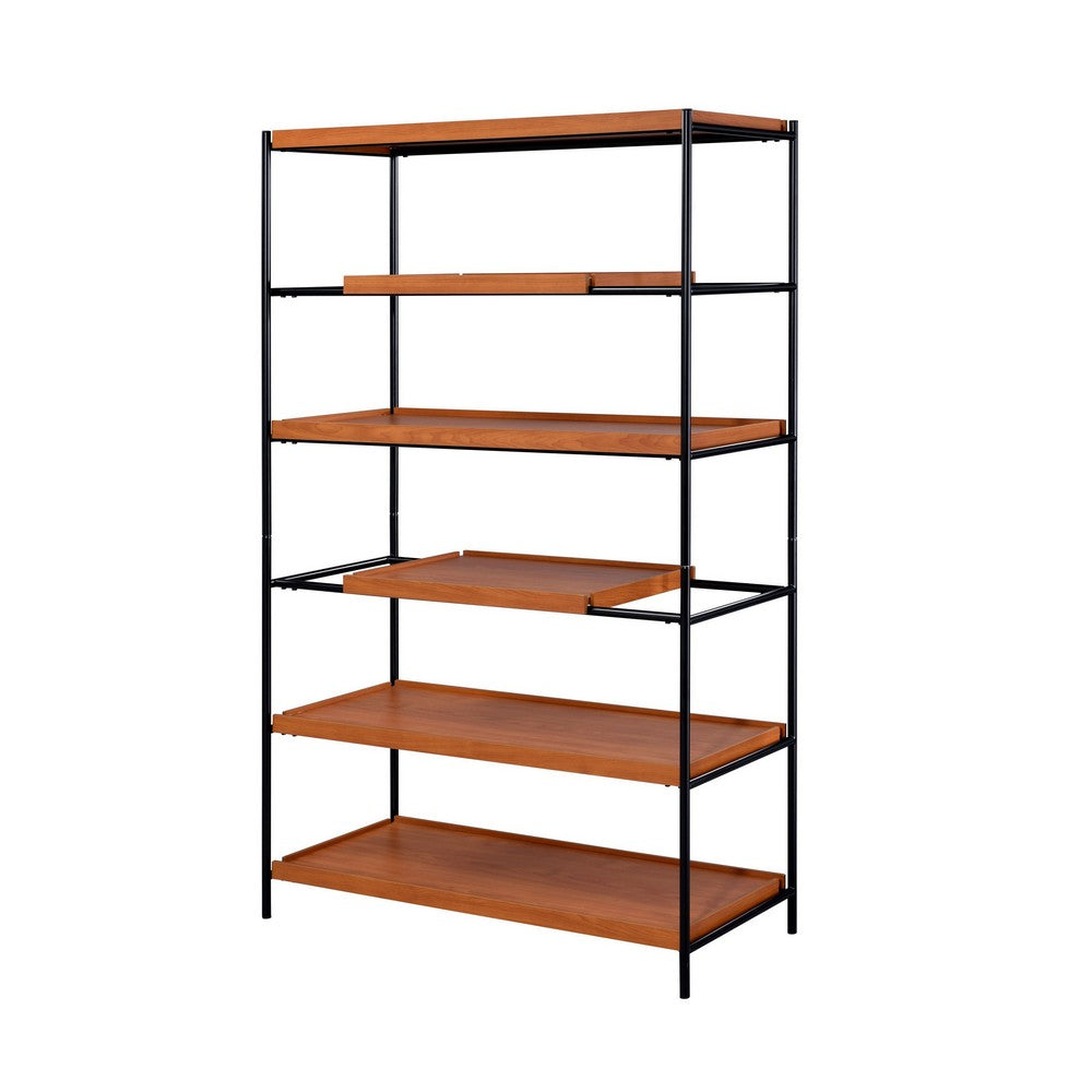 Benjara 5 Tier Wooden Bookshelf with Open Metal Frame, Oak Brown And Black