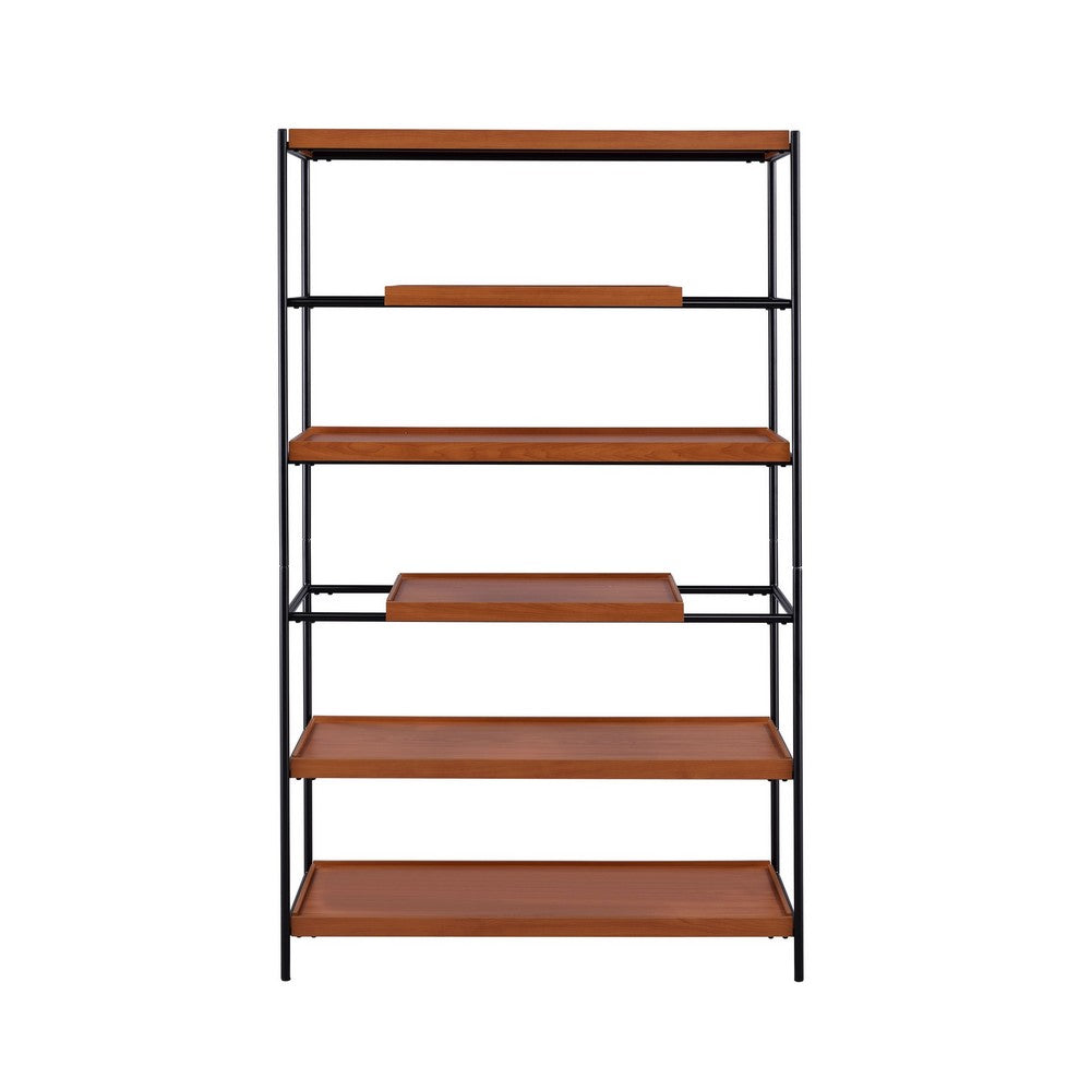 Benjara 5 Tier Wooden Bookshelf with Open Metal Frame, Oak Brown And Black
