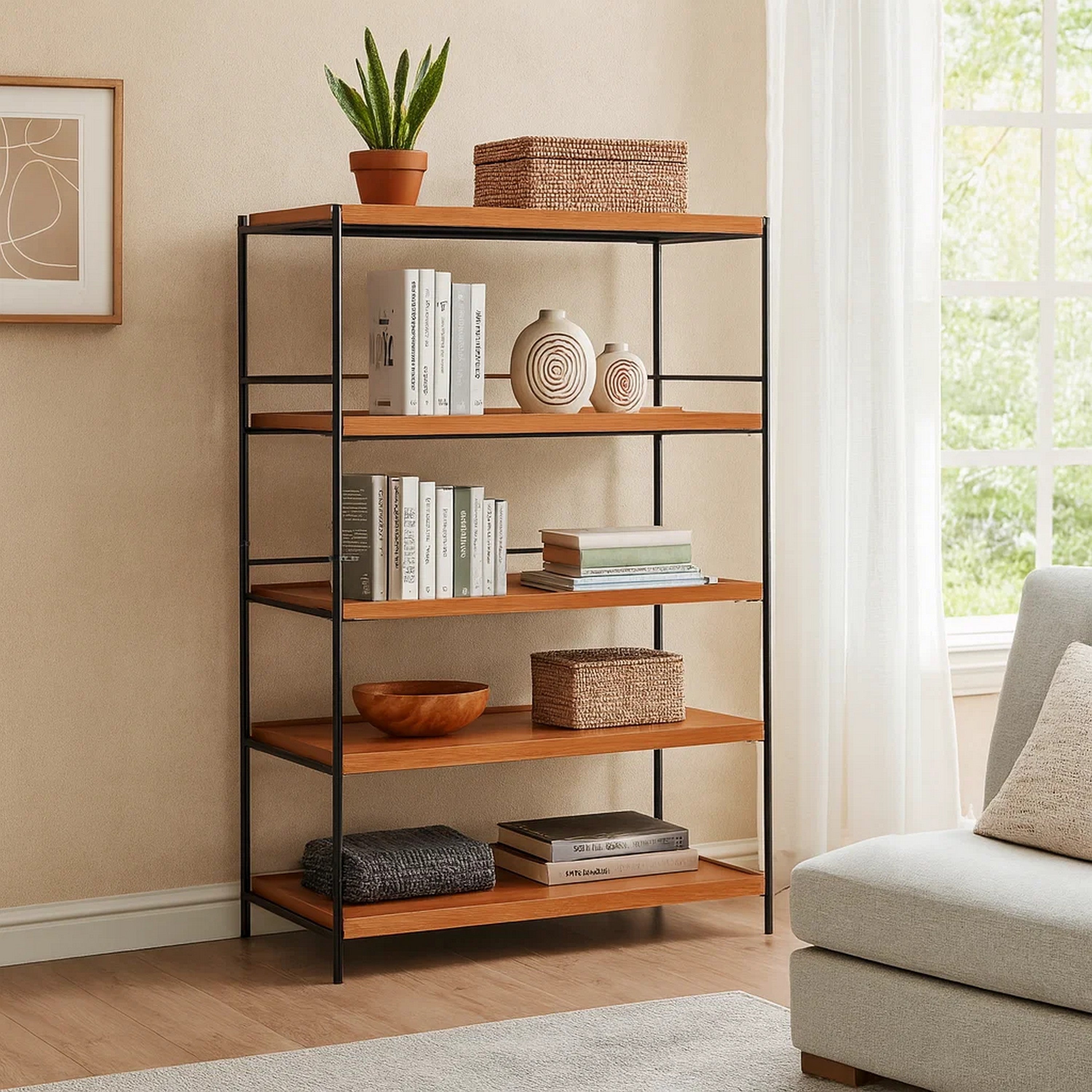 Benjara 5 Tier Wooden Bookshelf with Open Metal Frame, Oak Brown And Black