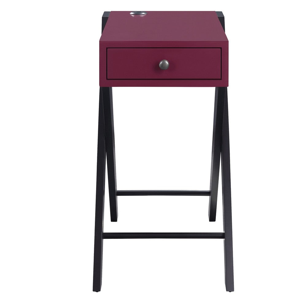 Benjara Wooden Frame Side Table with X Shaped Legs And 1 Drawer, Purple And Black
