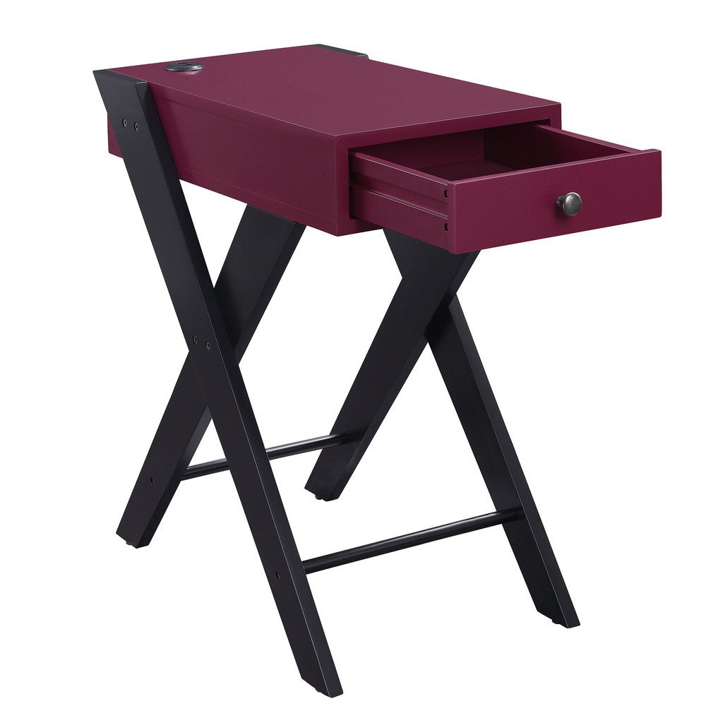 Benjara Wooden Frame Side Table with X Shaped Legs And 1 Drawer, Purple And Black