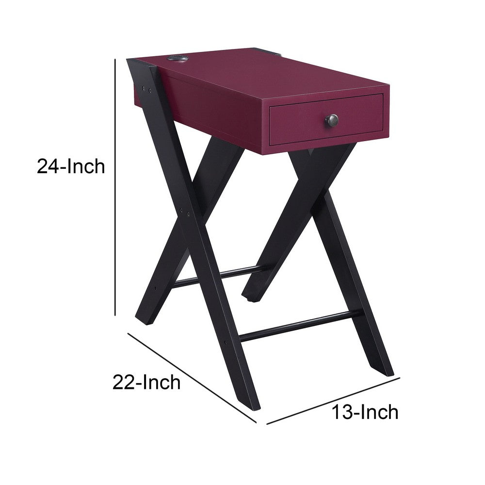 Benjara Wooden Frame Side Table with X Shaped Legs And 1 Drawer, Purple And Black