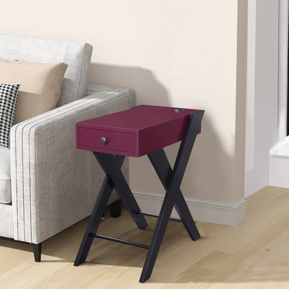 Benjara Wooden Frame Side Table with X Shaped Legs And 1 Drawer, Purple And Black