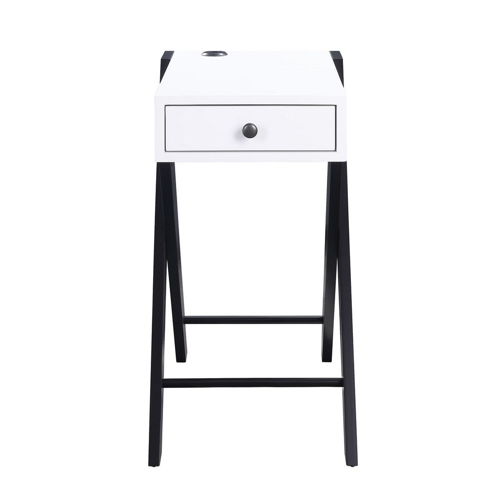 Benjara Wooden Frame Side Table with X Shaped Legs And 1 Drawer, White And Black