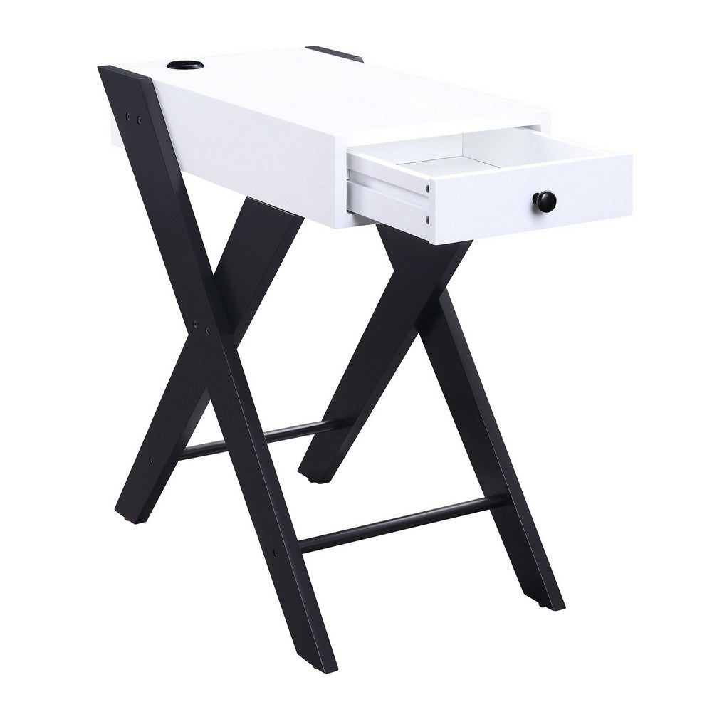 Benjara Wooden Frame Side Table with X Shaped Legs And 1 Drawer, White And Black