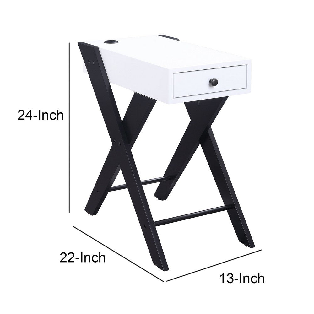 Benjara Wooden Frame Side Table with X Shaped Legs And 1 Drawer, White And Black
