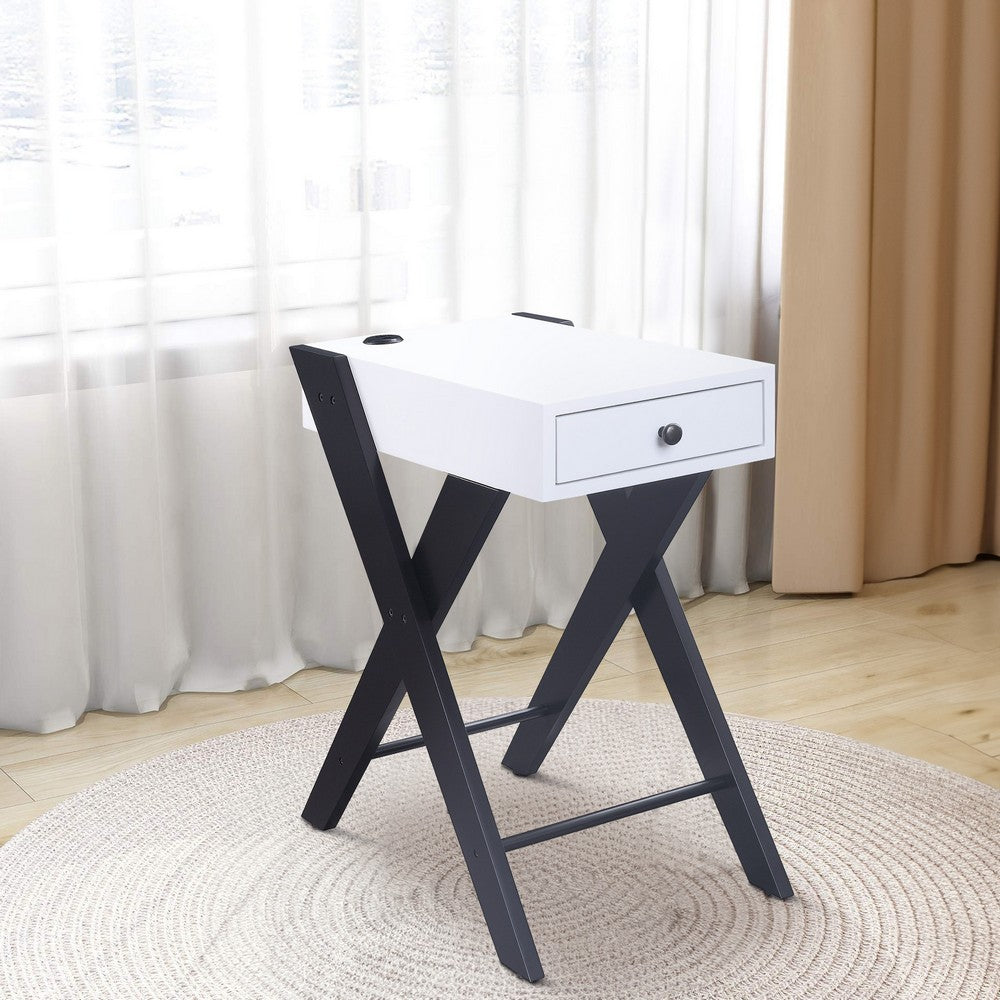 Benjara Wooden Frame Side Table with X Shaped Legs And 1 Drawer, White And Black
