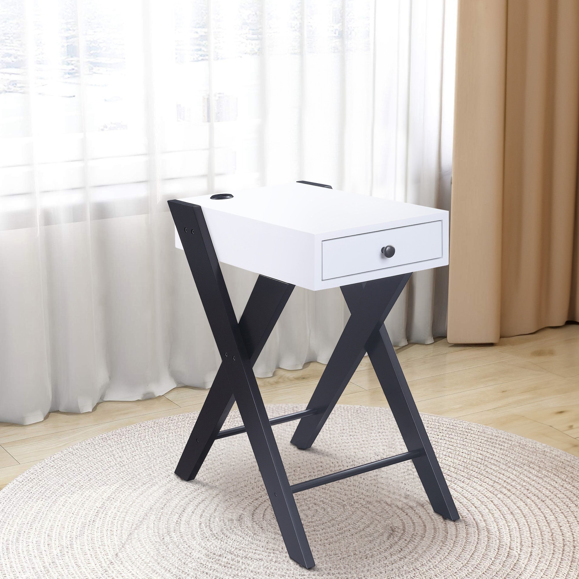 Benjara Wooden Frame Side Table with X Shaped Legs And 1 Drawer, White And Black