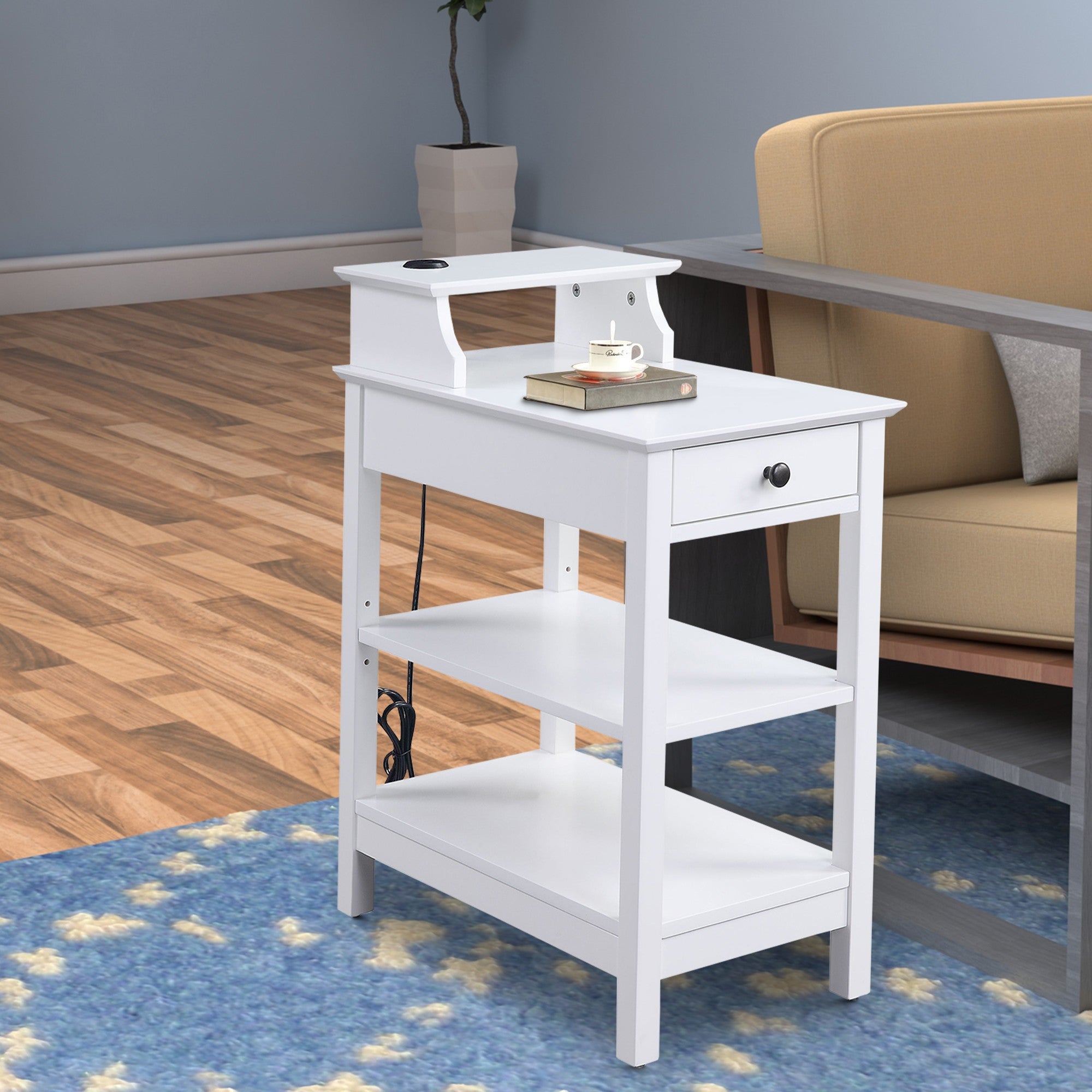 Benjara Wooden Frame Side Table with 3 Open Compartments And 1 Drawer, White