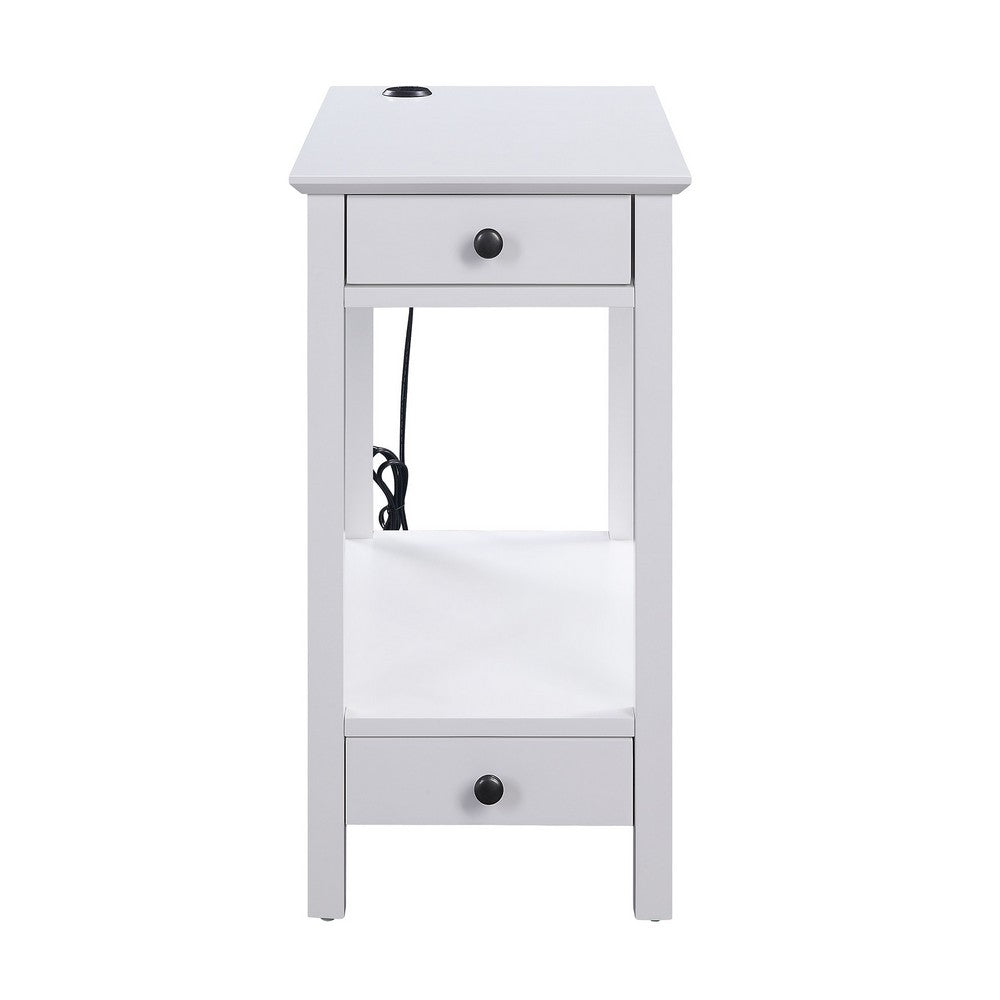 Benjara Wooden Frame Side Table with 2 Drawers And 1 Bottom Shelf, White