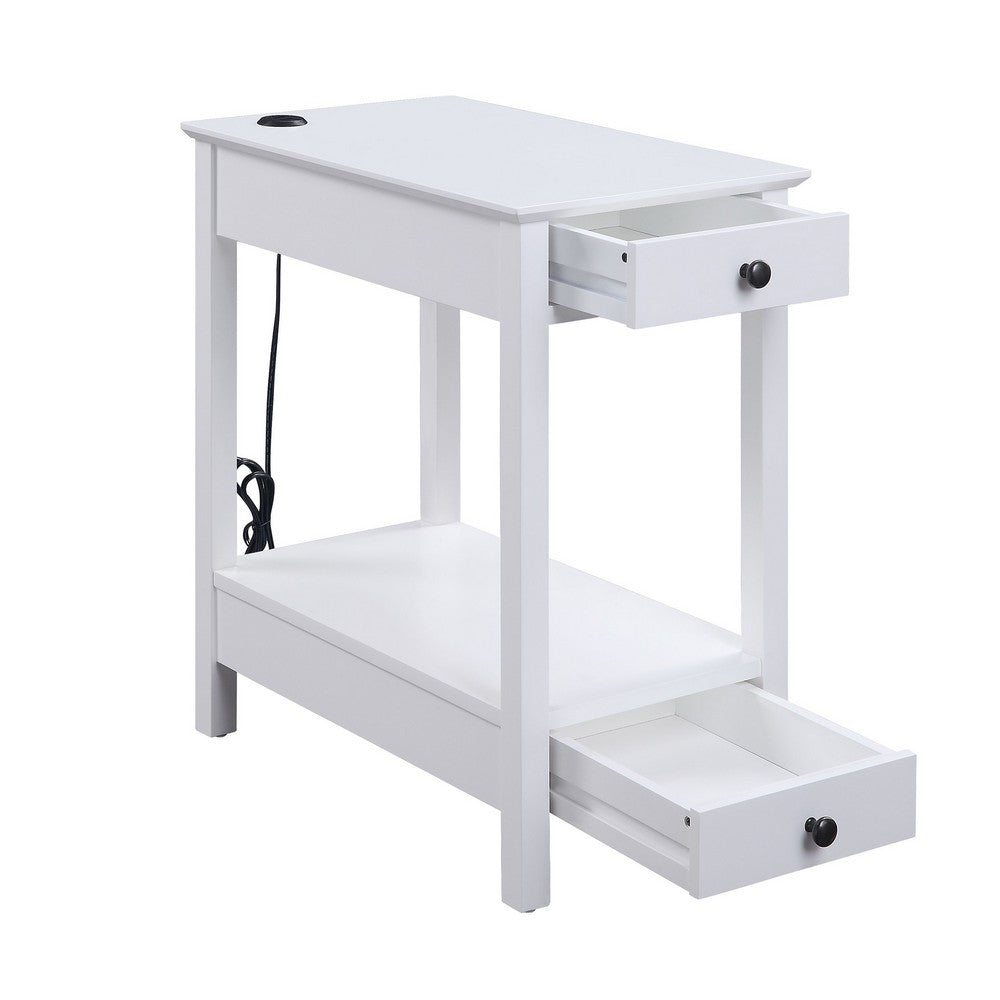 Benjara Wooden Frame Side Table with 2 Drawers And 1 Bottom Shelf, White