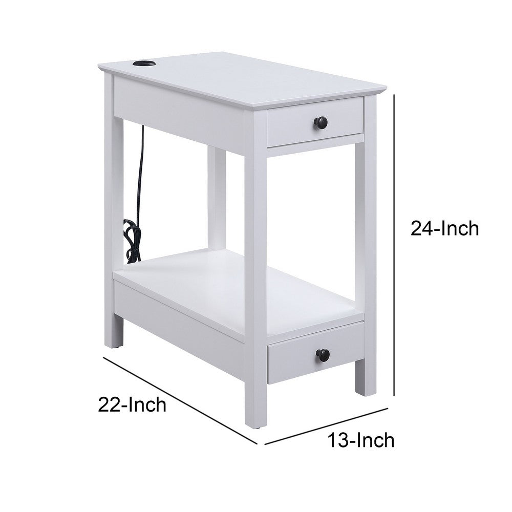 Benjara Wooden Frame Side Table with 2 Drawers And 1 Bottom Shelf, White