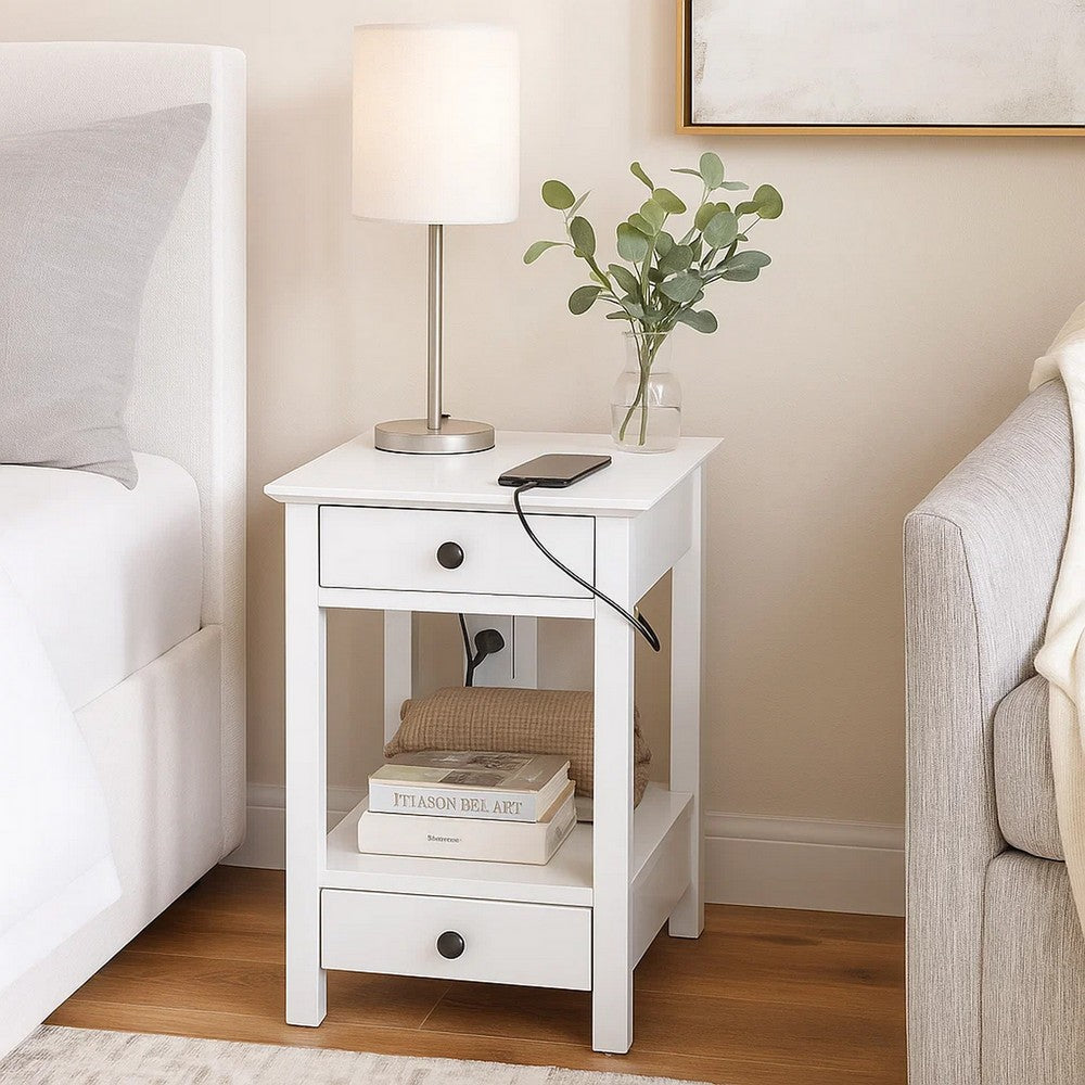 Benjara Wooden Frame Side Table with 2 Drawers And 1 Bottom Shelf, White