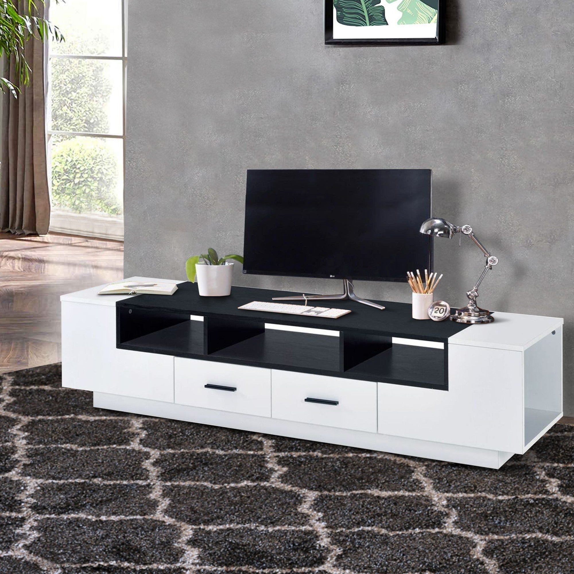 Benjara Contemporary 2 Drawer TV Stand with Media Compartments, Black And White