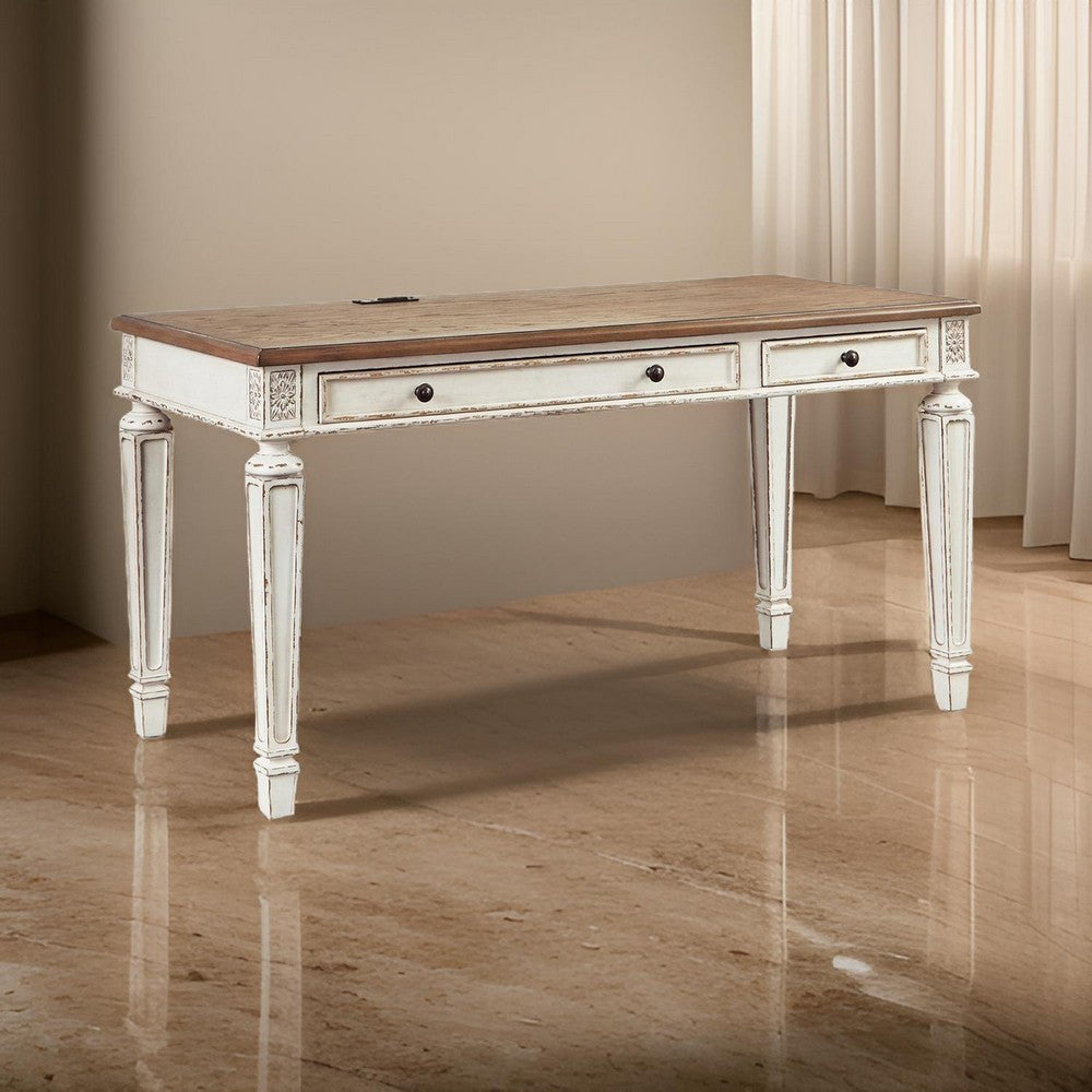 Benjara Transitional Wooden Office Desk with Carvings And Drawers, White And Brown