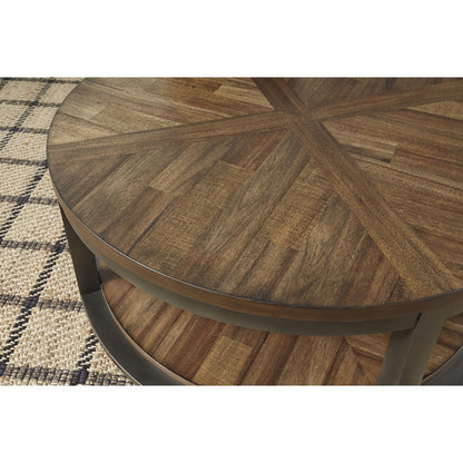 Benjara Round Metal Frame Table Set with Wooden Top And Open Bottom Shelf, Brown