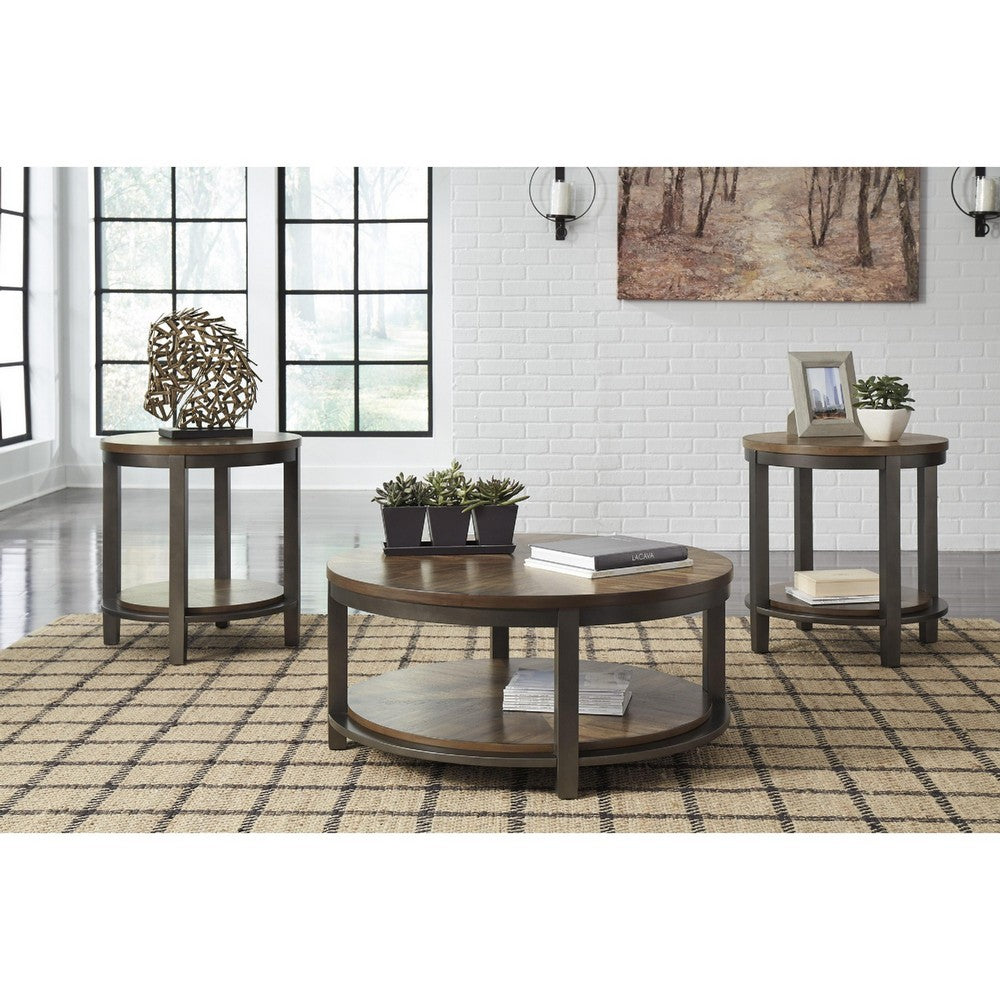 Benjara Round Metal Frame Table Set with Wooden Top And Open Bottom Shelf, Brown