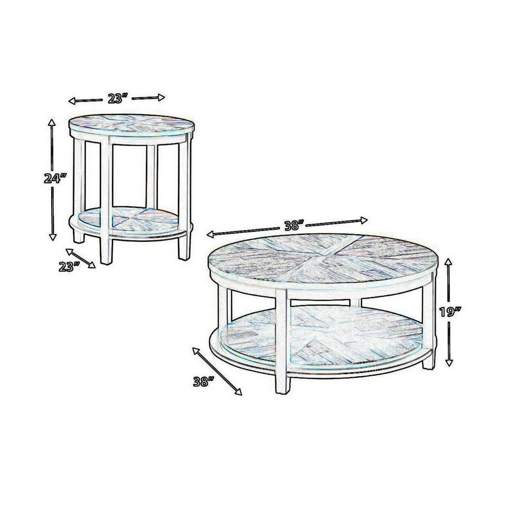 Benjara Round Metal Frame Table Set with Wooden Top And Open Bottom Shelf, Brown
