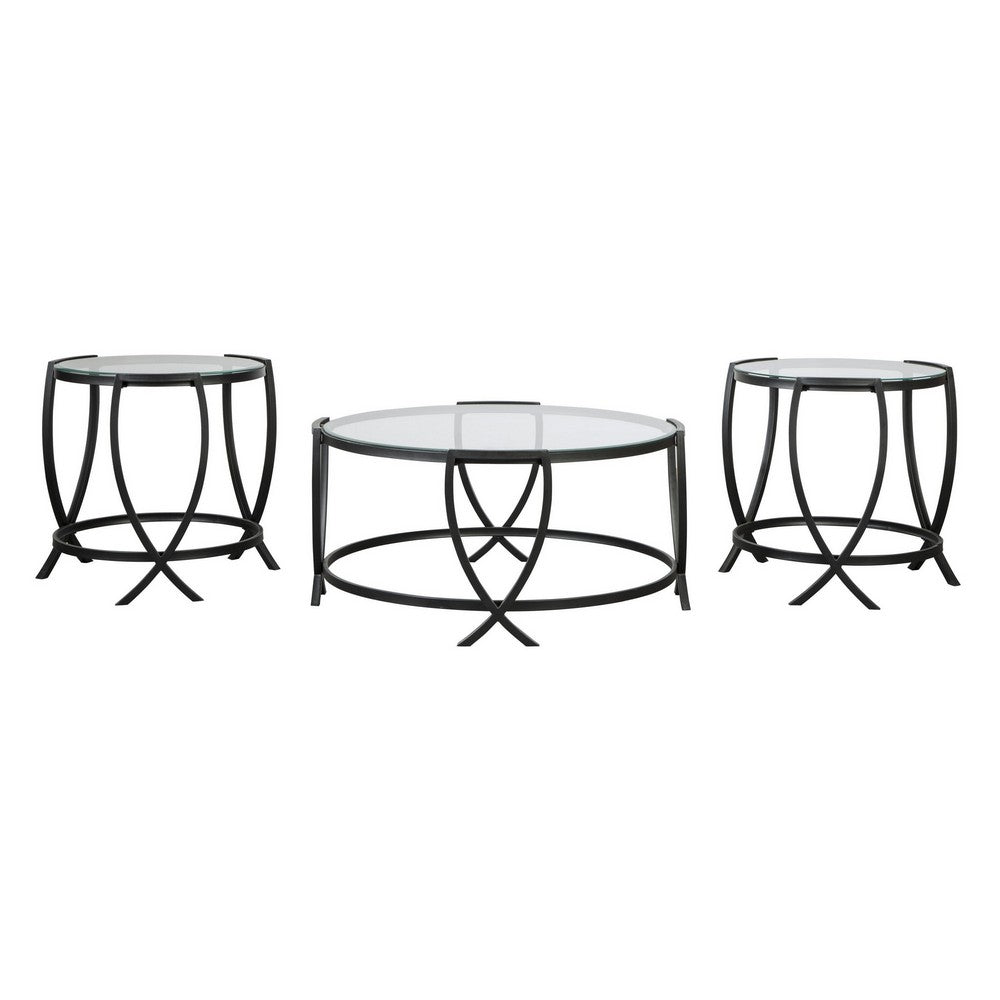 Benjara Contemporary Round Table Set with Glass Top And Geometric Metal Body, Black