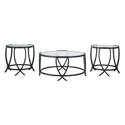 Benjara Contemporary Round Table Set with Glass Top And Geometric Metal Body, Black