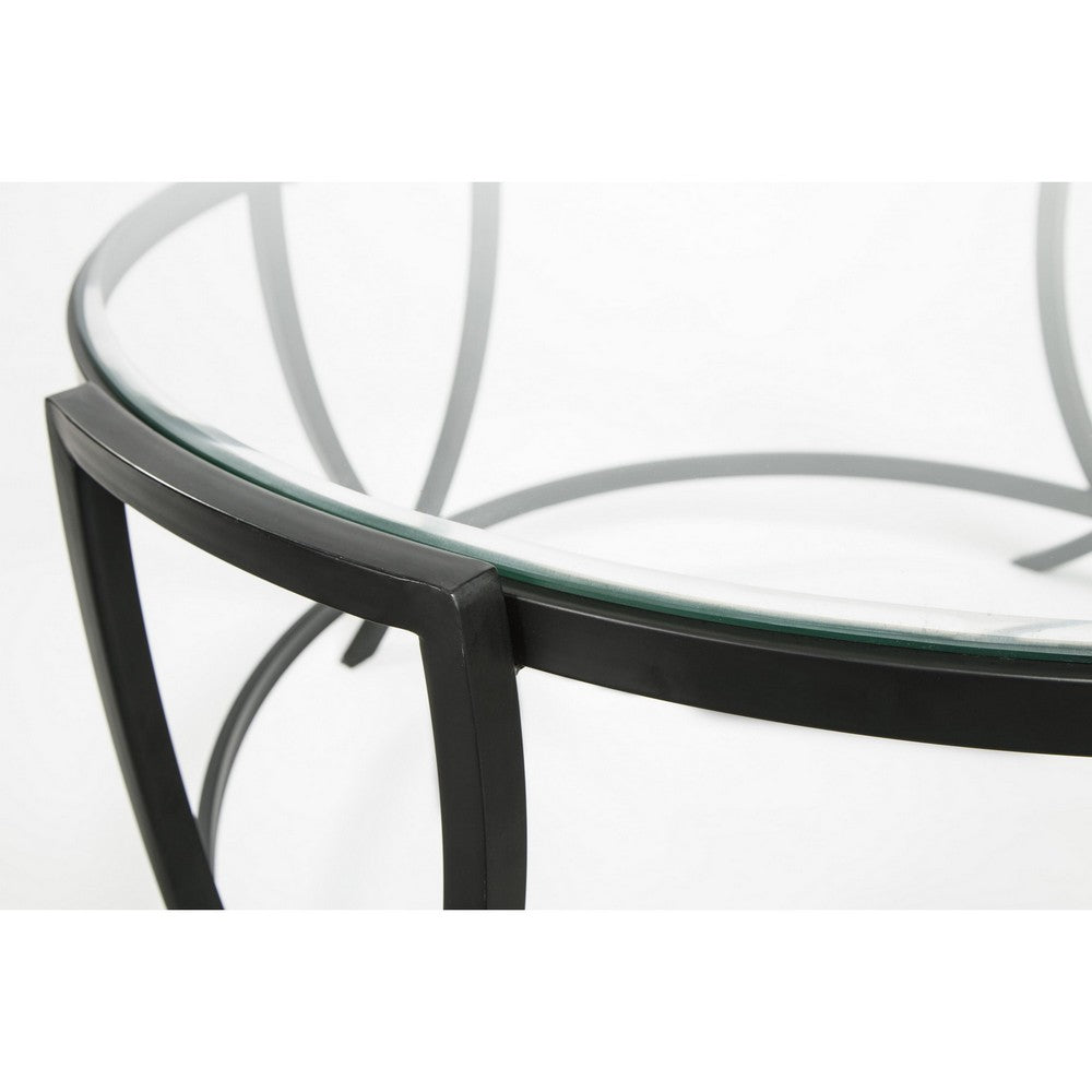 Benjara Contemporary Round Table Set with Glass Top And Geometric Metal Body, Black