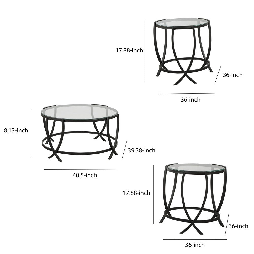 Benjara Contemporary Round Table Set with Glass Top And Geometric Metal Body, Black