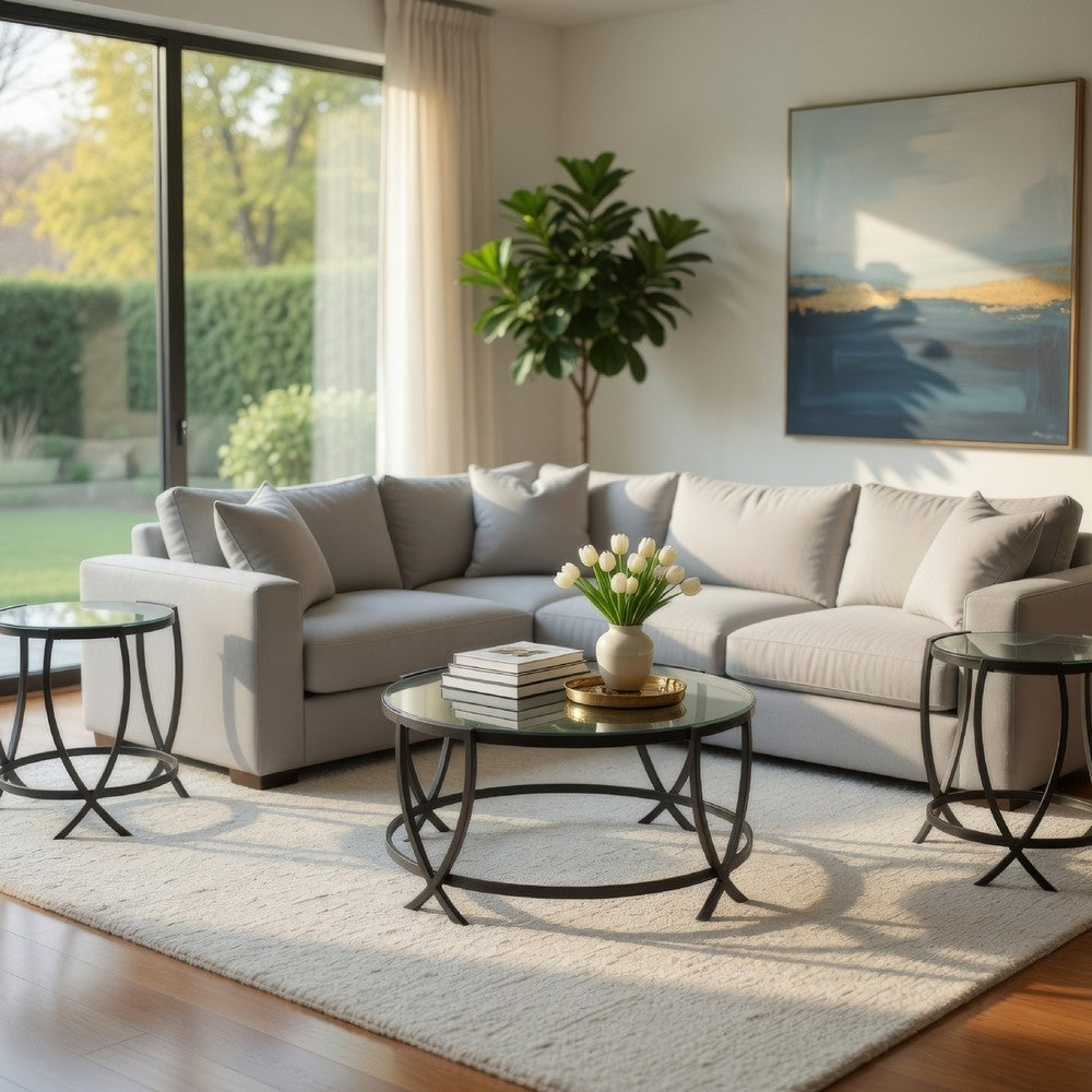 Benjara Contemporary Round Table Set with Glass Top And Geometric Metal Body, Black