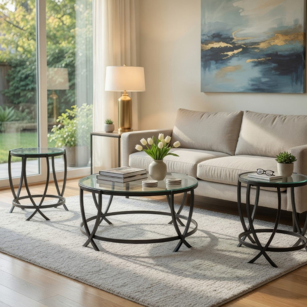 Benjara Contemporary Round Table Set with Glass Top And Geometric Metal Body, Black