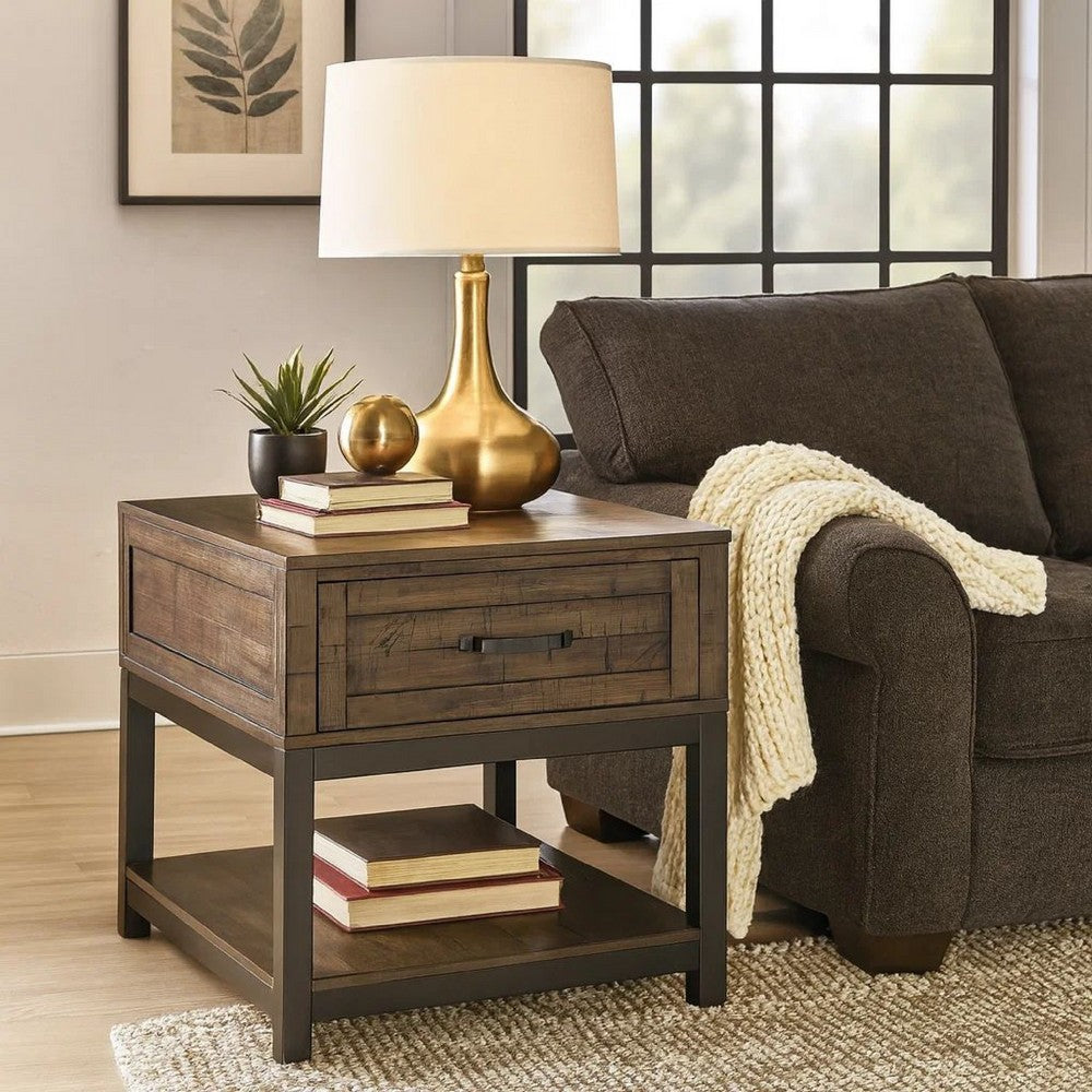 Benjara Two Tone Wooden End Table with 1 Drawer And Metal Base, Brown And Black