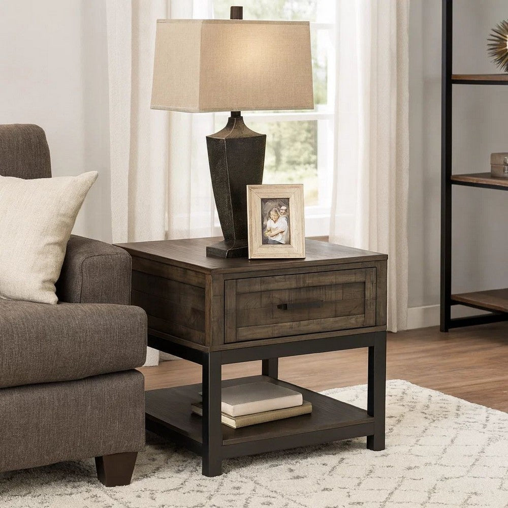 Benjara Two Tone Wooden End Table with 1 Drawer And Metal Base, Brown And Black