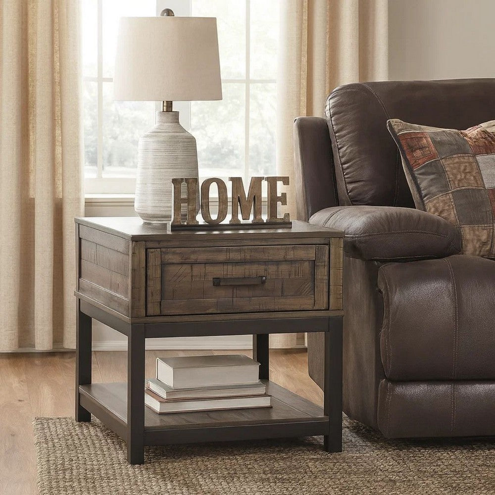 Benjara Two Tone Wooden End Table with 1 Drawer And Metal Base, Brown And Black