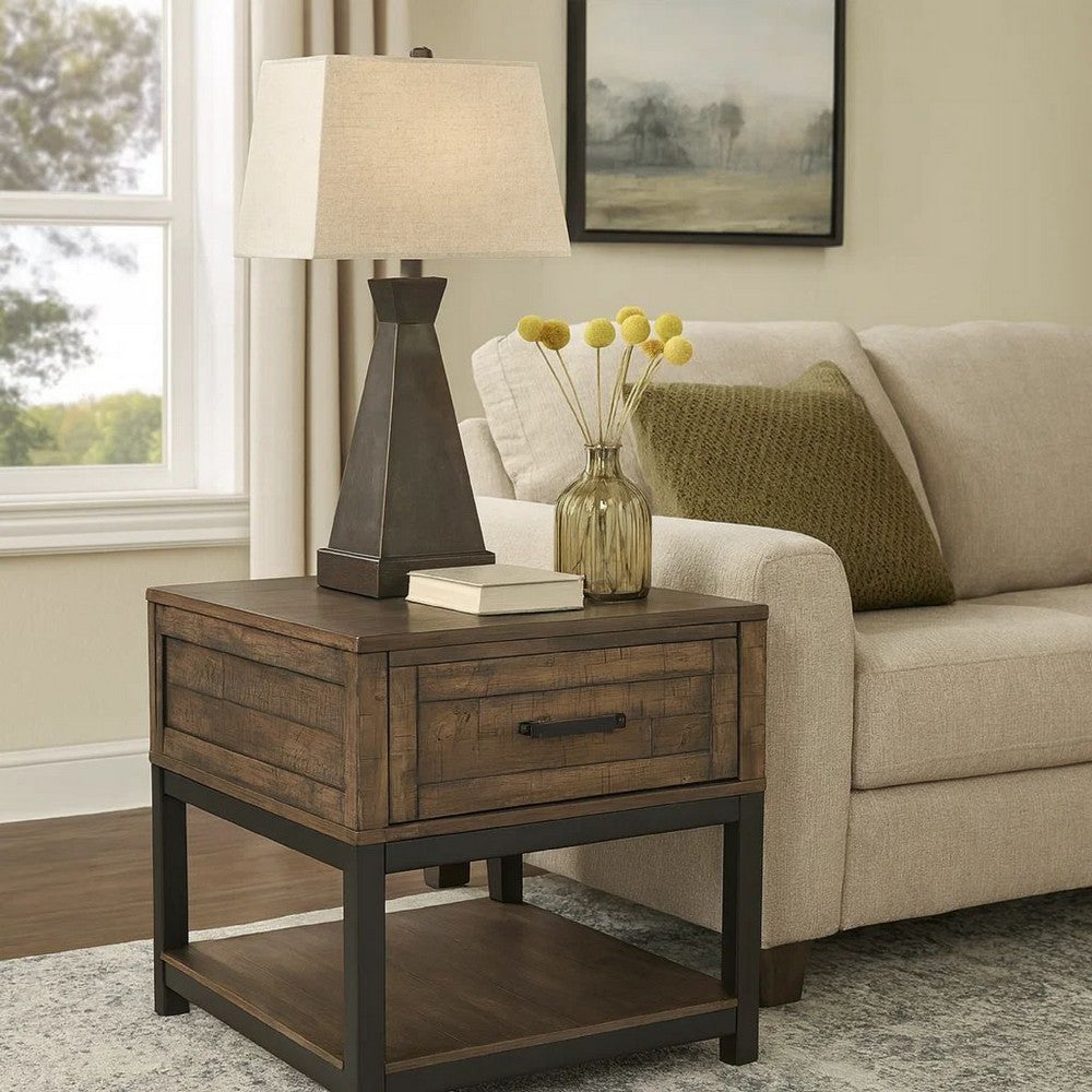 Benjara Two Tone Wooden End Table with 1 Drawer And Metal Base, Brown And Black