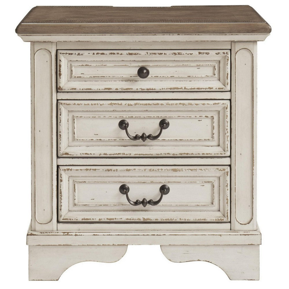Benjara Farah 27 Inch Nightstand | 3 Drawers with Charging | Cottage Distressed White, Dark Bronze